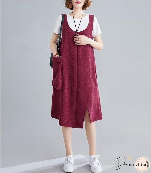 sleeveless plus size corduroy vintage women casual loose midi autumn spring elegant party dress clothes