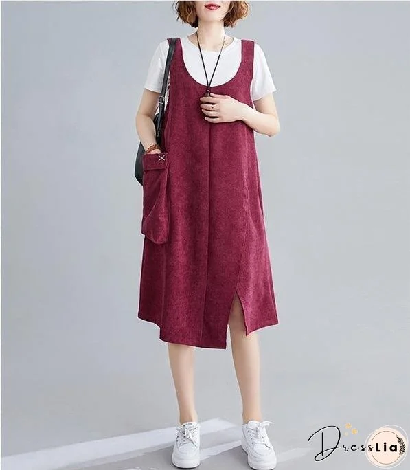 sleeveless plus size corduroy vintage women casual loose midi autumn spring elegant party dress clothes
