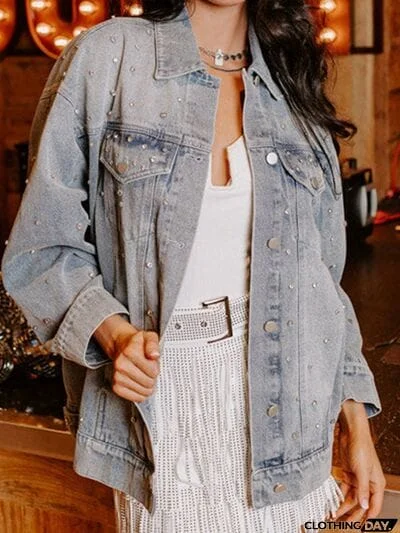 Rhinestone Detail Button Up Denim Jacket