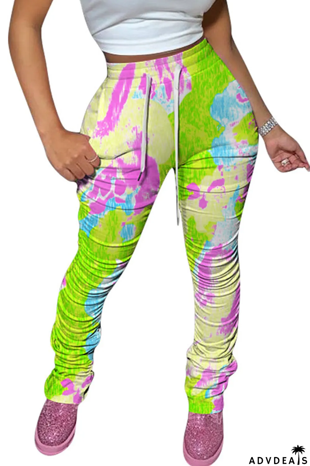 Green colour Polyester Drawstring Sleeveless High Patchwork Print bandage Draped pencil Pants Bottoms