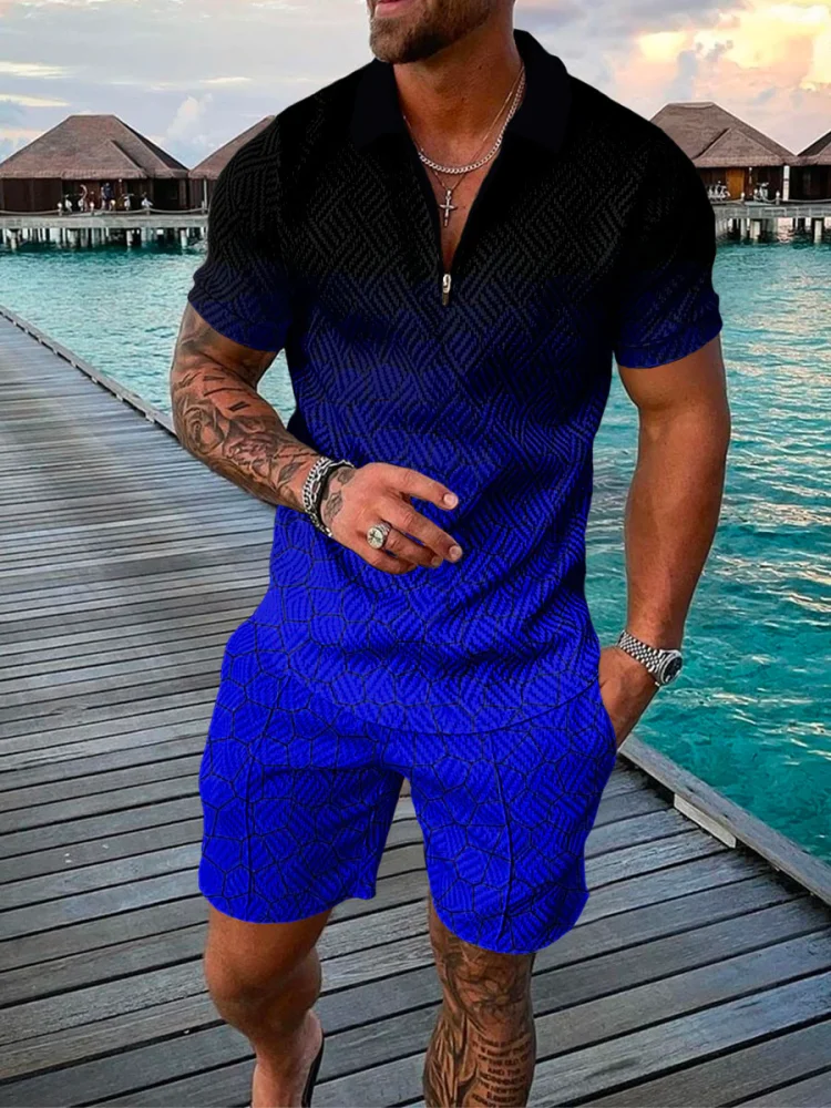 Men's casual black and blue gradient printed polo suit