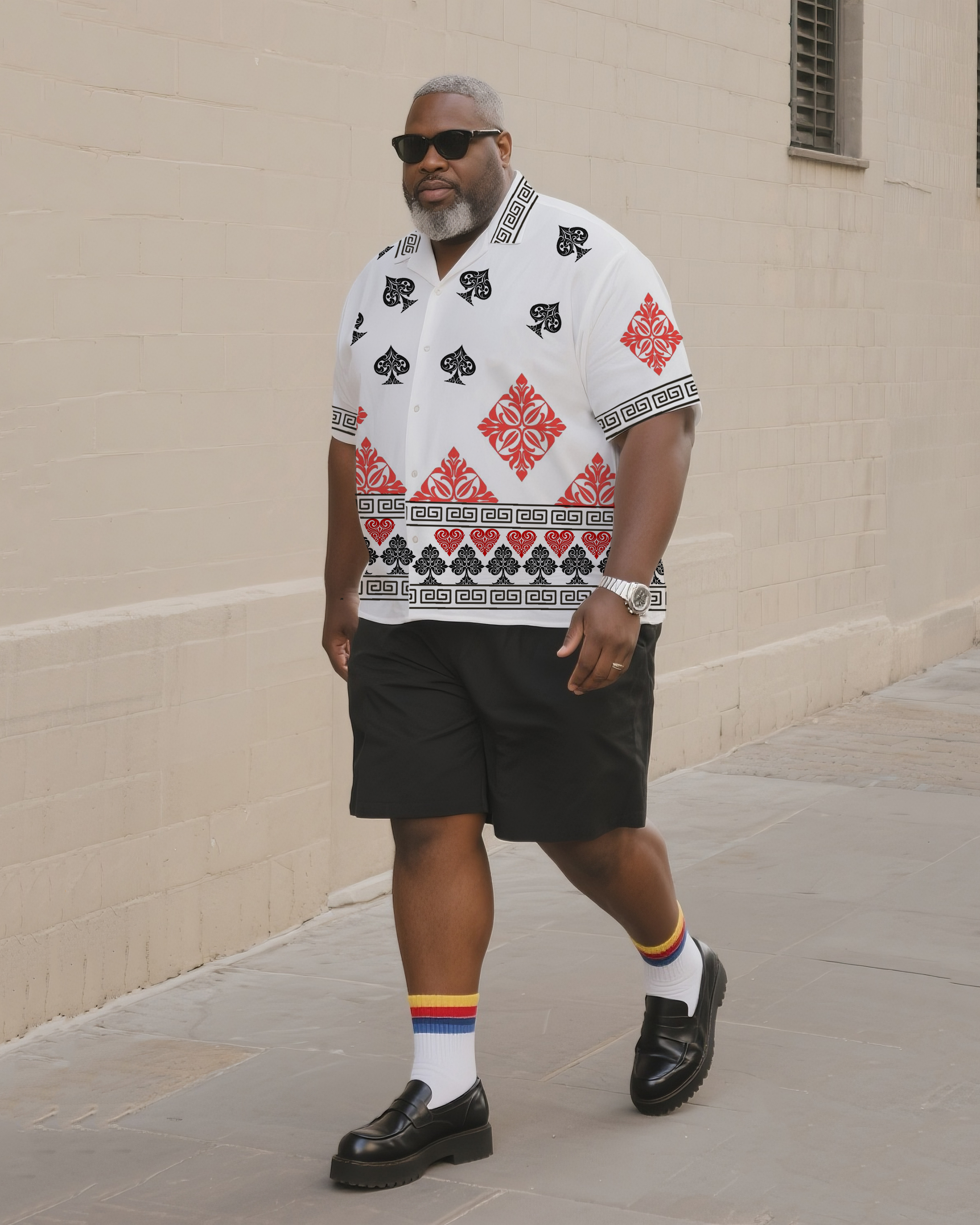 Big & Tall Men's Daily Leisure. Creative Poker Print Shirt Shorts Suit