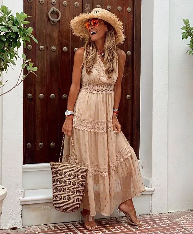 Uveng Uveng New Women's Dress Wish Sexy Deep V Sleeveless Chiffon Dress Splicing Mid-Long Dress