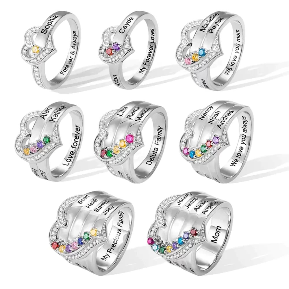 Personalized Name Heart Ring with 1-8 Birthstones