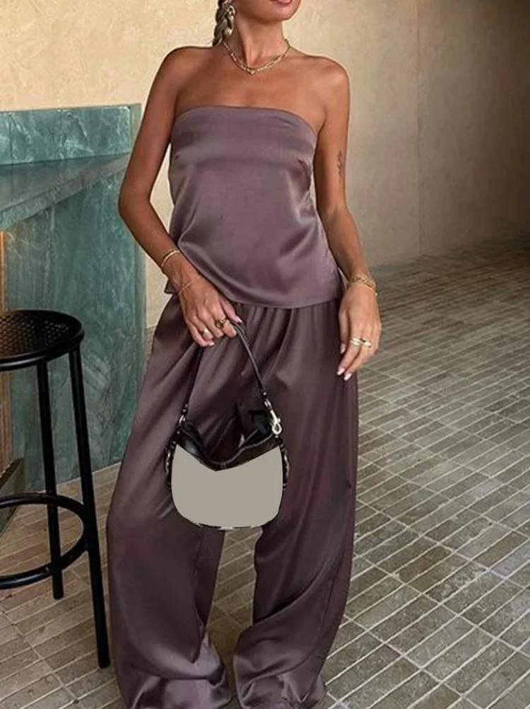 Dabasmedia Women Y2K Vintage 2 Piece Sets Backless Bandage Lace Up Suspenders Tops Wide Leg Pants Suit Streetwear Summer Satin Outfits