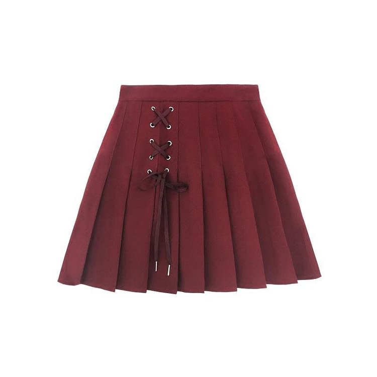 Lace Up High Waist Pleated Short Skirt - Modakawa