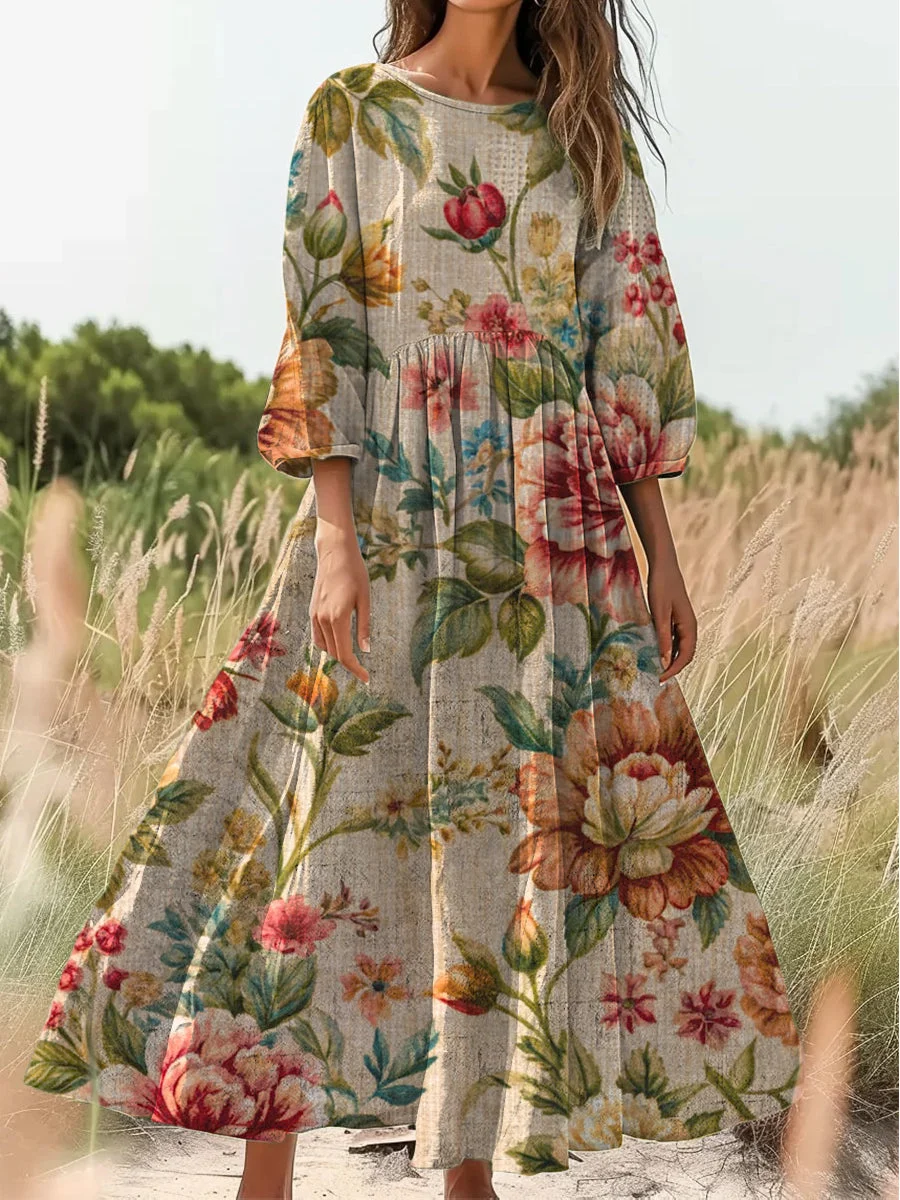 Vintage V-neck Bohemian Floral Print Elegant Chic Loose Midi Dress-DR-F-72