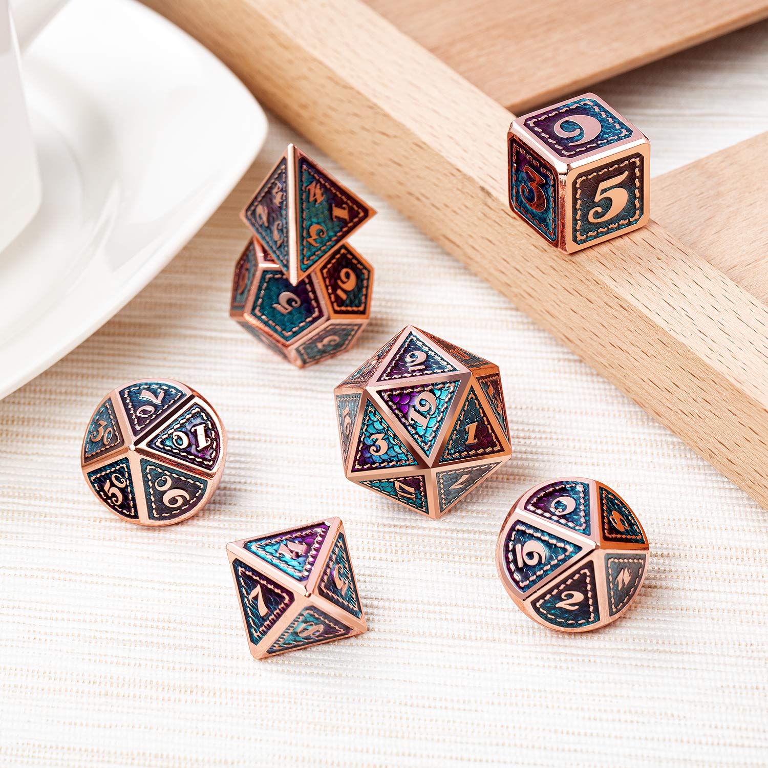 Dragon Scale 7 PCS Polyhedral Metal Dice Set(Teal and Purple with ...