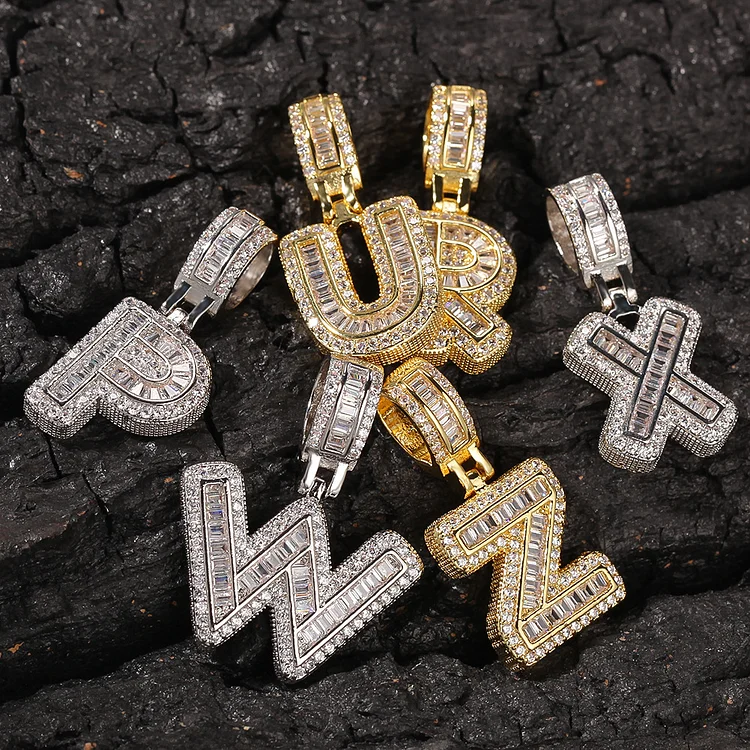Letters&Numbers Iced Out Baguette Zircon Pendants Necklace
