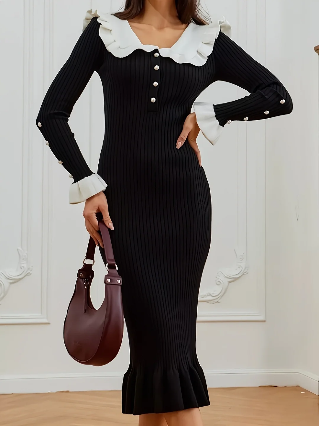 Nigikala Nigikala And Winter French Body-Repair Temperament Color Lotus Leaf-Side Sweater Dress Elegant Retro Knitted Dress