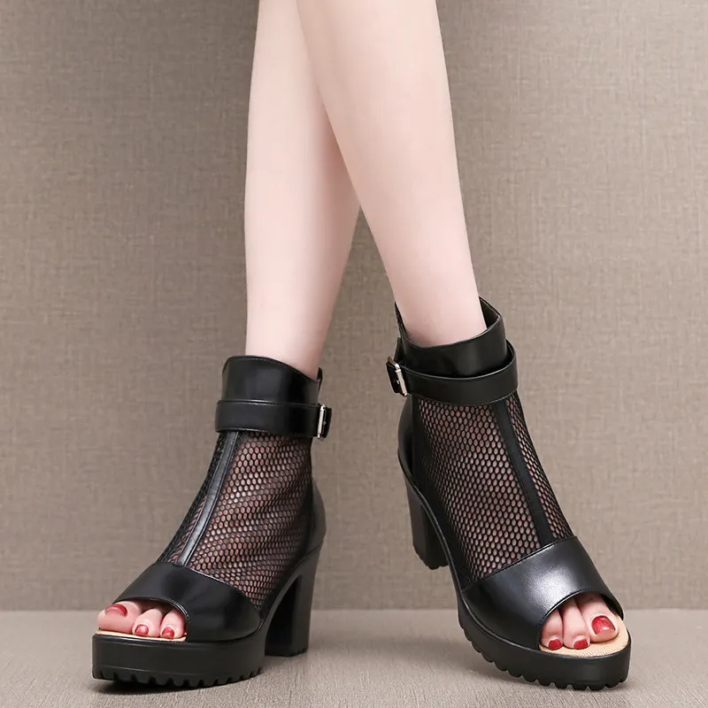 Breakj Breakj Mouth Net Sandals Women Summer High Heel Waterproof Table Zipper Mesh Shoes Fashion Women's Hollow Breathable Cool Boots