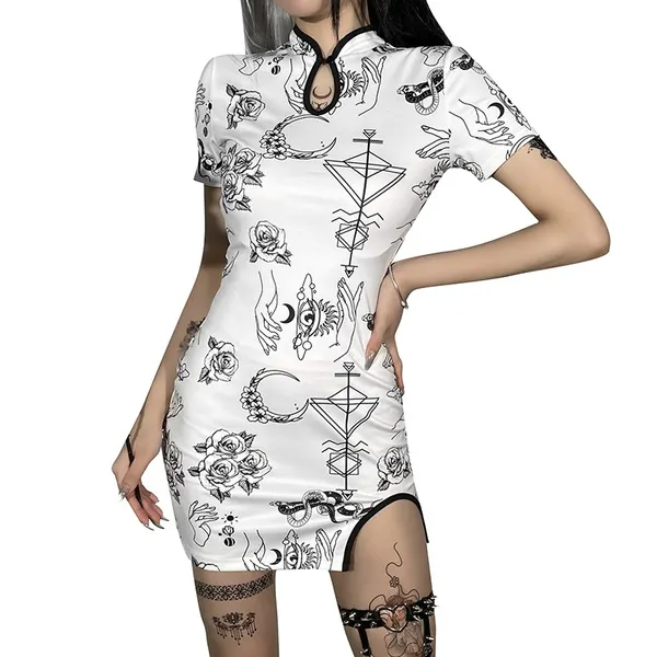 Womens Vintage Cheongsam Print Dress floral white short sleeve high waist skinny mini