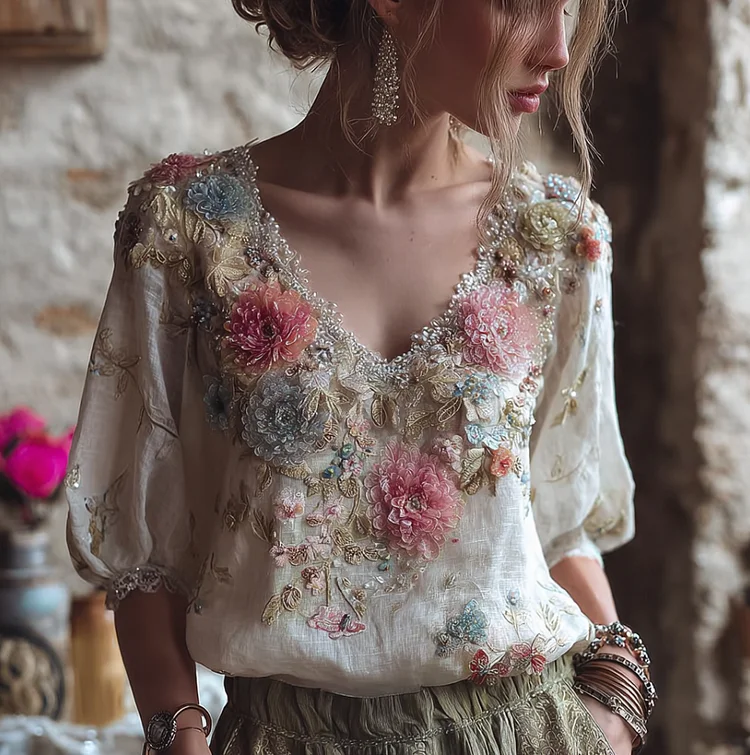Bohemian Style V-neck Butterfly And Flower Embroidery Cotton And Linen Short Sleeve
