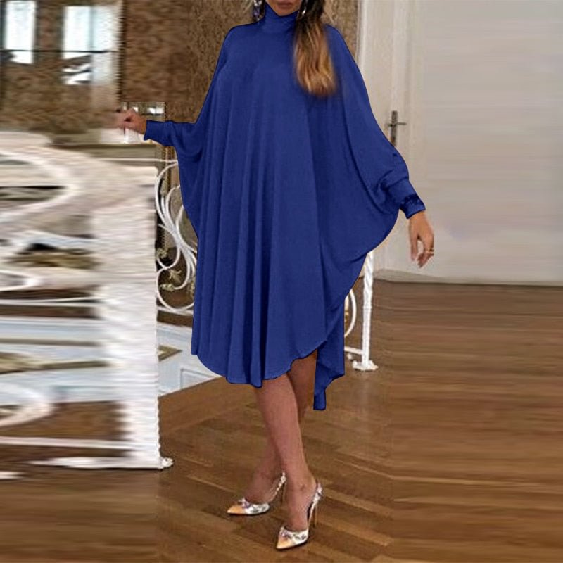 Women Loose Midi Dress 2022 VONDA Autumn Winter Casual High Neck Long Sleeve Party Dress Femme Robe Bohemian Sundress Vestidos