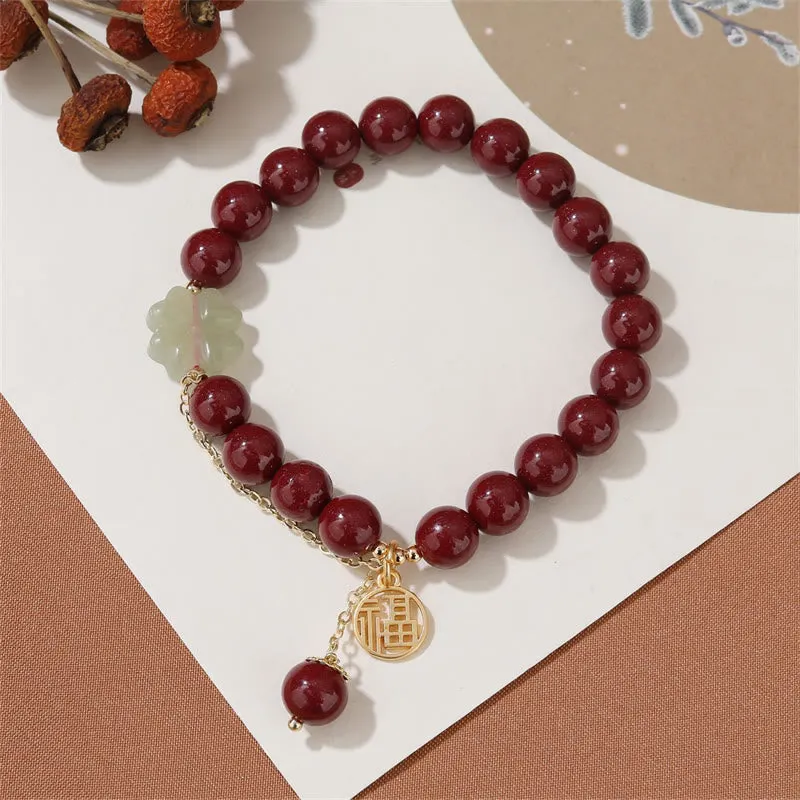 Cinnabar Fu Character Hetian Jade Lucky Four Leaf Clover Blessing Bracelet