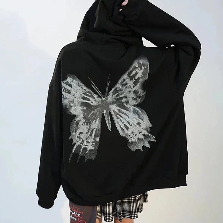 Sonicelife Halloween Y2k Black Zip Hoodie Back Butterfly Print Sweatshirt Women Harajuku Long Sleeve Hooded Grunge Hip Hop Pocket Jacket Gothic Coat