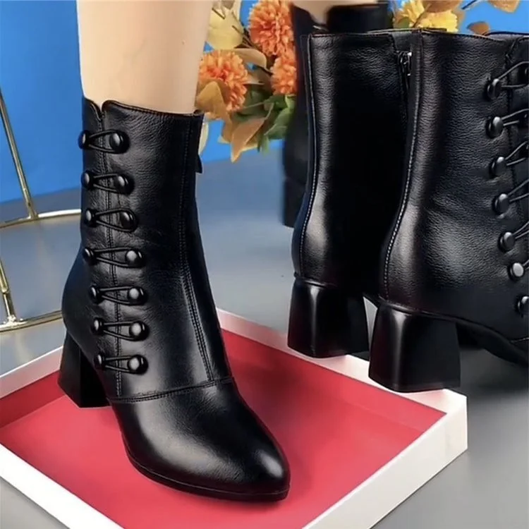 Women Warm Side Button Leather Ankle Boots