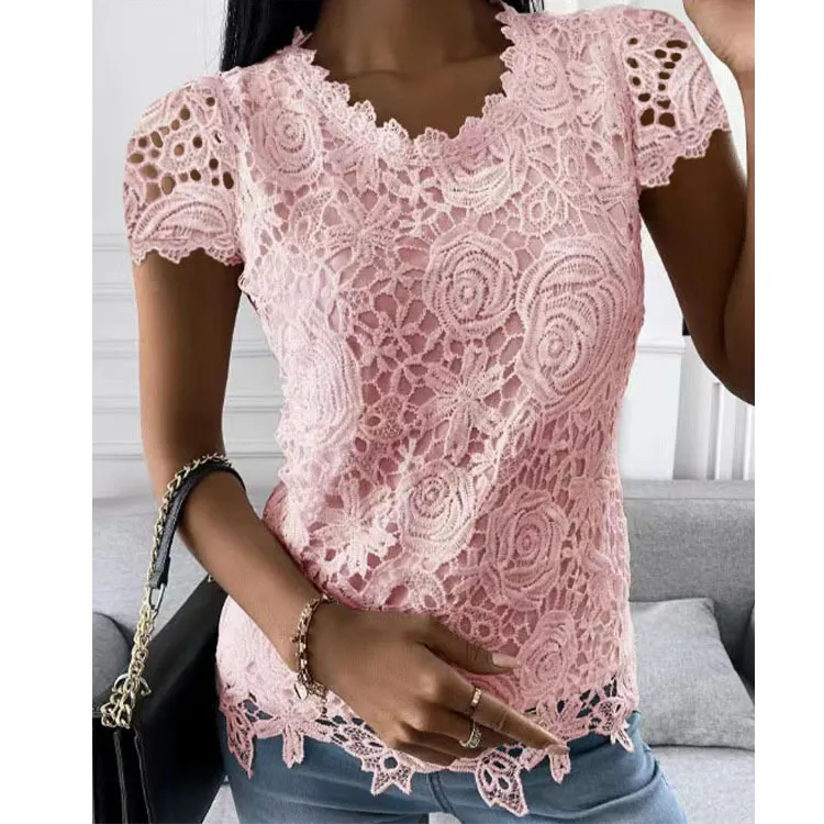 Uveng Uveng Explosion Women's 2024 Summer New T-Shirt Back Jacket Lace Shirt