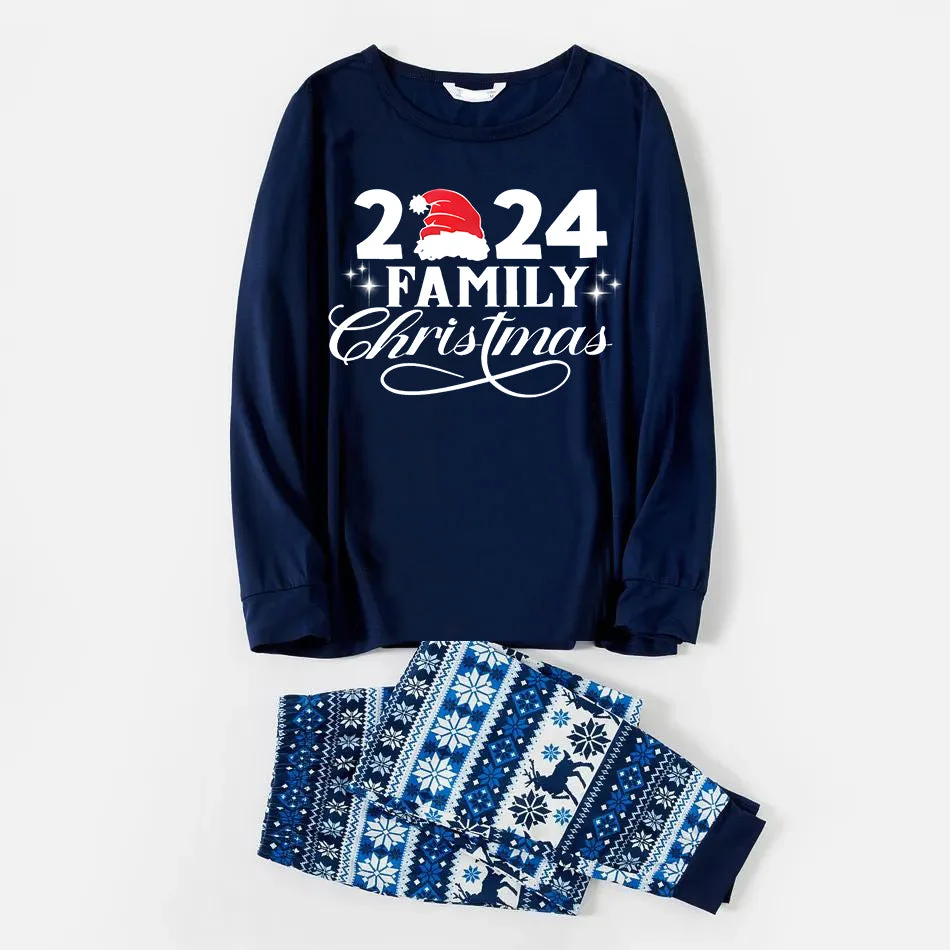 "2024 Family Christmas" Letter Print Blue Family Matching Pajamas Sets