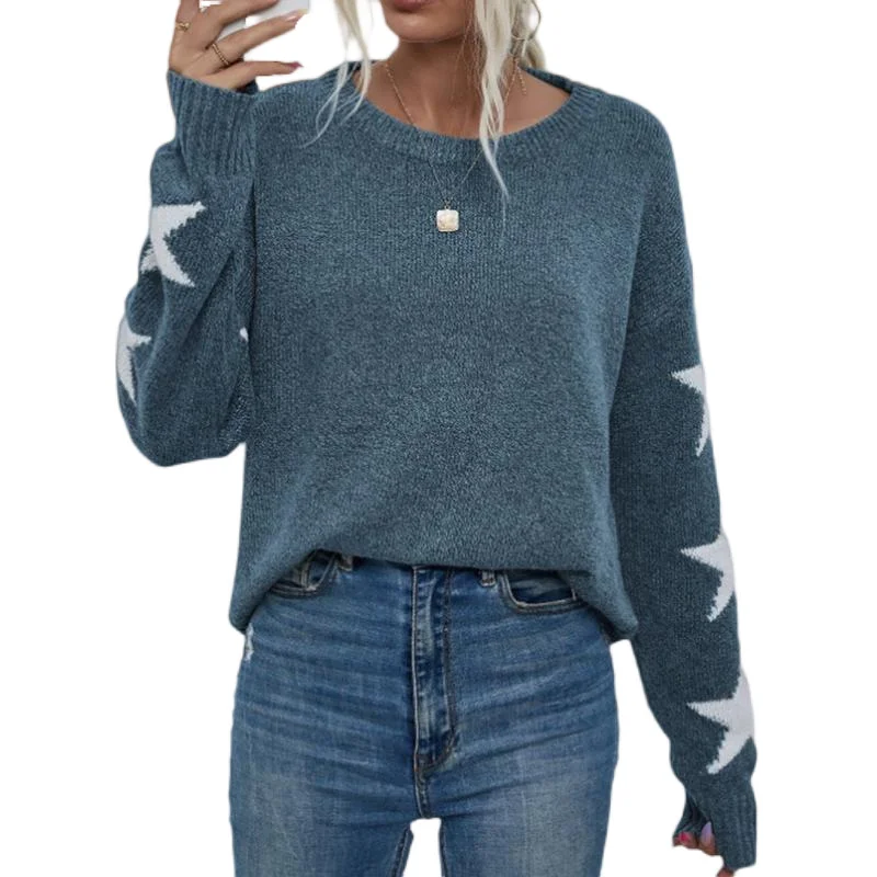 Nigikala Nigikala And Winter Women's Knitted Sweater Fashion Pure Color Five-Pointed Star-Colored Collar Collar Sweater