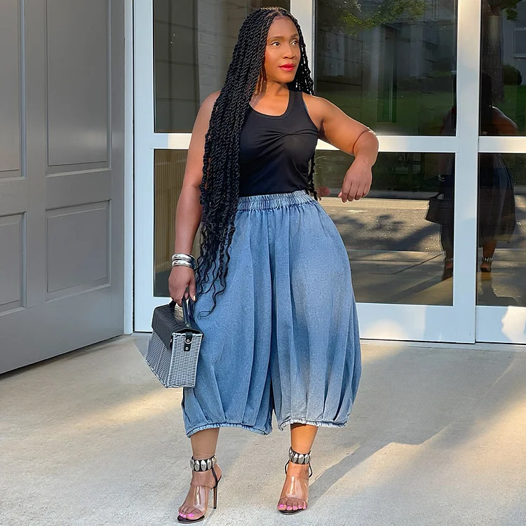 Street Casual Essential! EU/US Elastic Waist Straight Wide-Leg Cropped Jeans | Blue Versatile Style👖