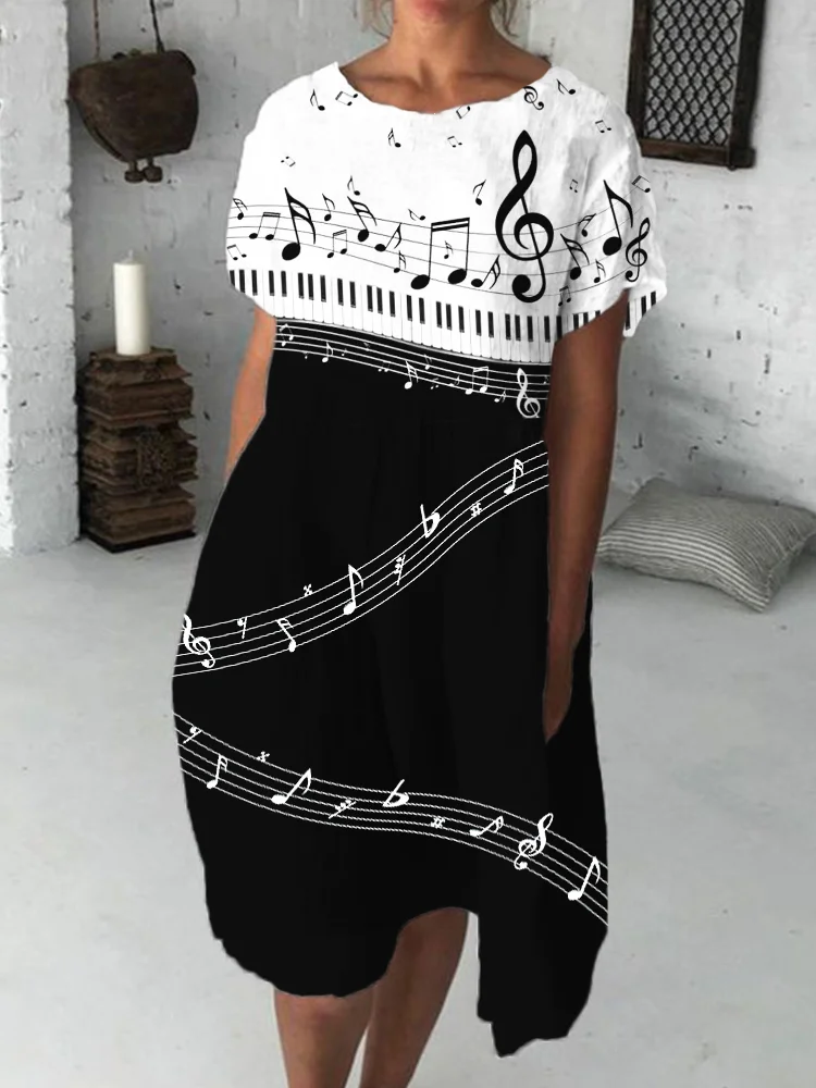 Piano Keys And Music Notes Contrast Midi Dress