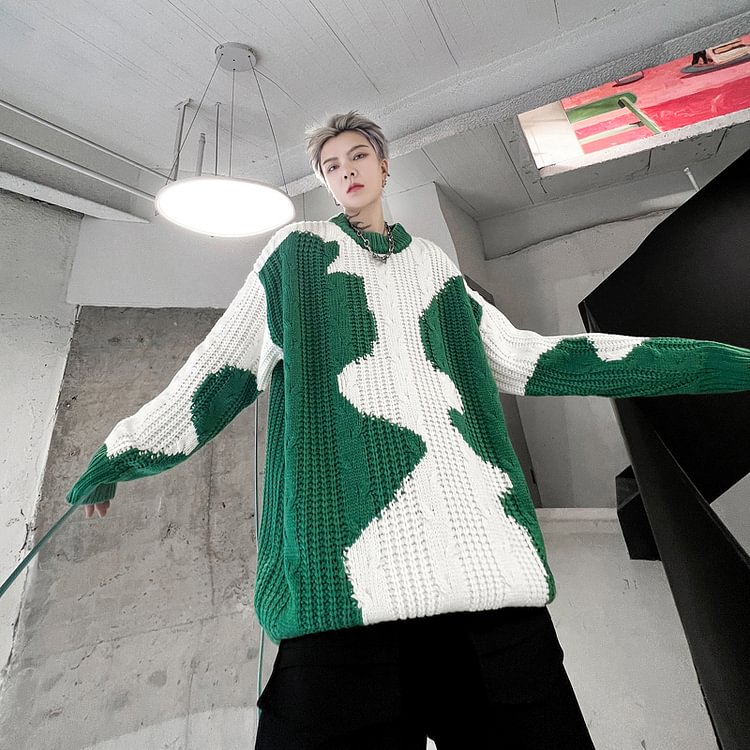 Dawfashion-Round Neck Geometric Colorblock Jacquard Loose Pullover Thick Sweater-Yamamoto Diablo Clothing