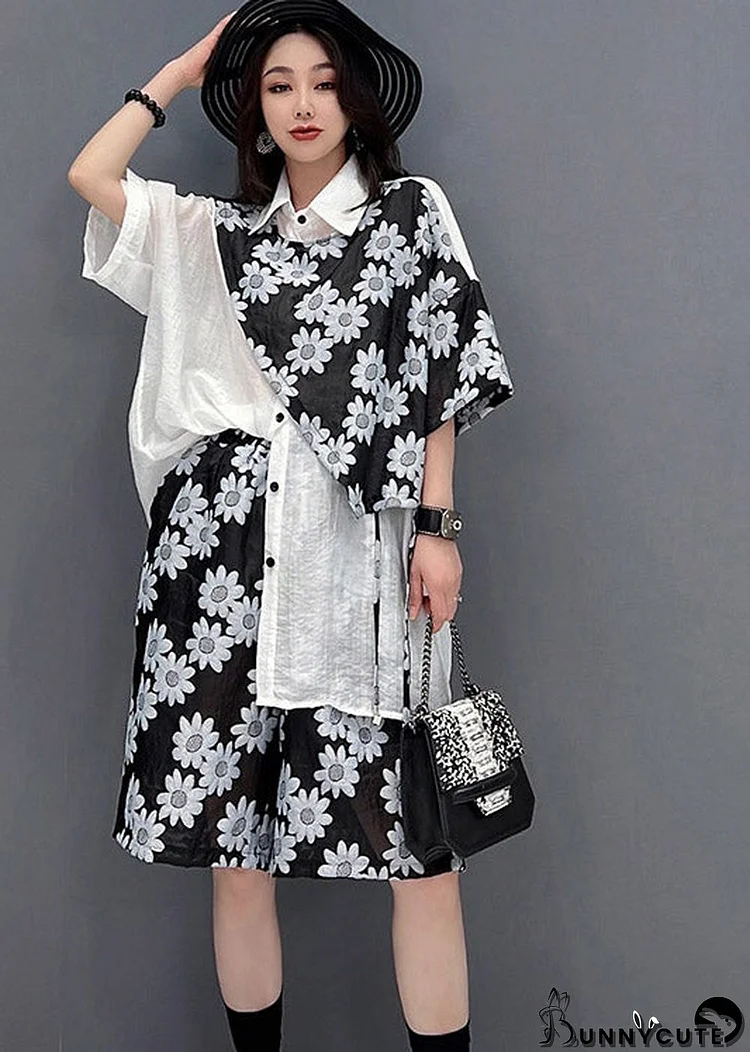 Loose White Patchwork Black Peter Pan Collar Print Shirts And Shorts Two Pieces Set Summer