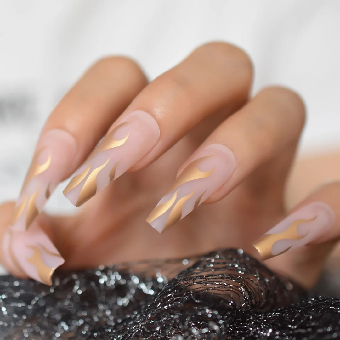 Clear Matte Base Press On Nail Gorgeous Gold Fire Flame Pattern Fashion Ballerina False Nails Extra Long 24-Nail Inspo