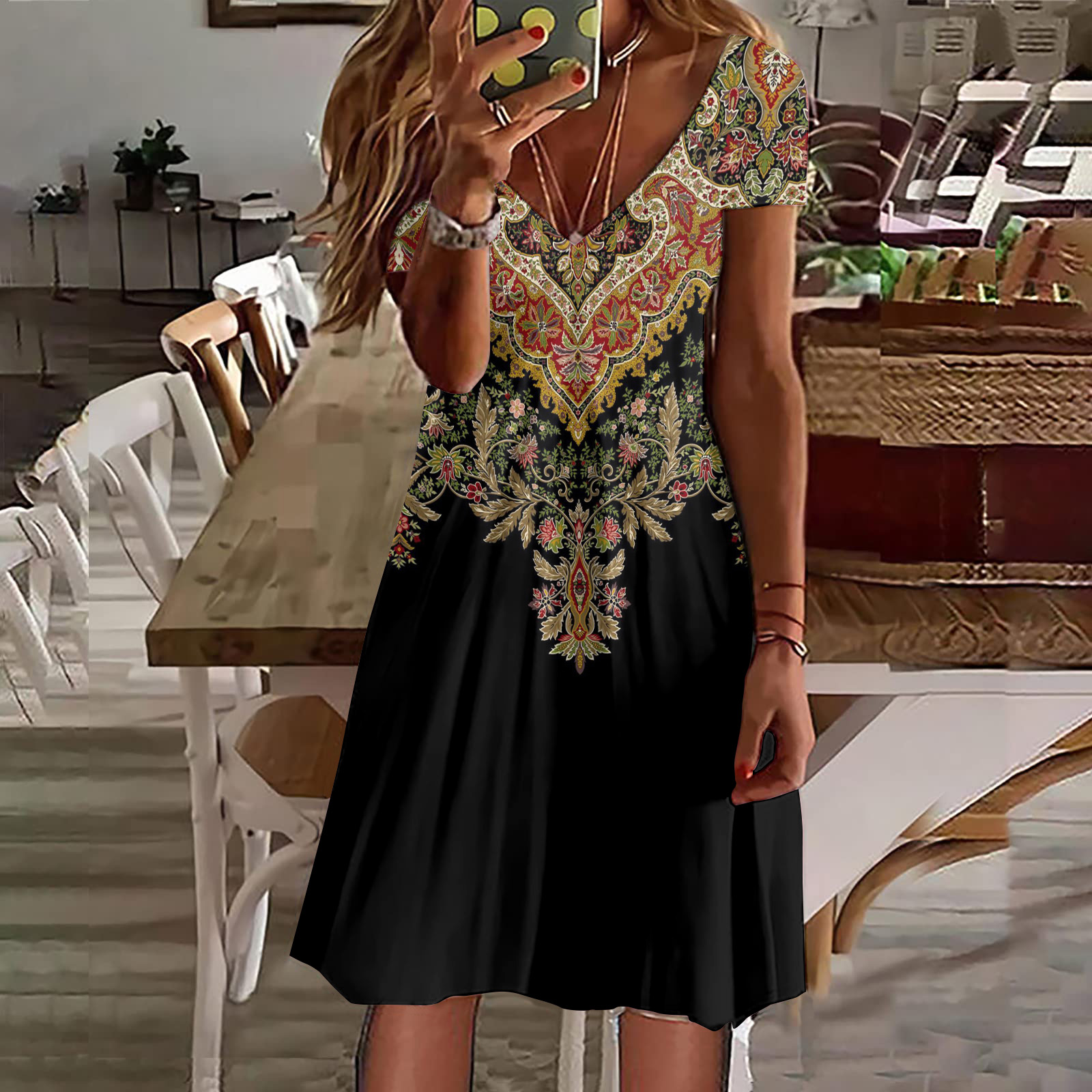 wearshes Vintage Print V Neck Short Sleeve Casual Midi Dress