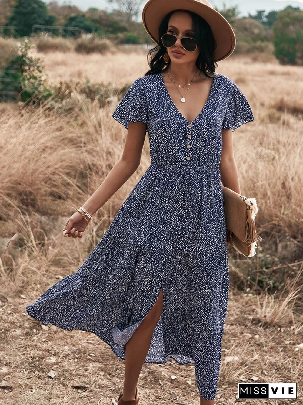 Sexy Big Swing Leopard Print Dress Spring/summer Short-sleeved Bohemian Vacation