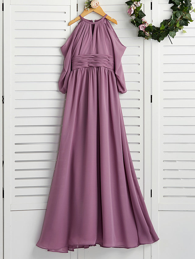 Oknass A-Line Crew Neck Floor Length Chiffon Flower Girl Dress With Ruching Wedding Party