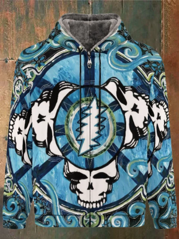 Unisex Skull Print Double Layer Fleece Zip-Up Hooded Jacket