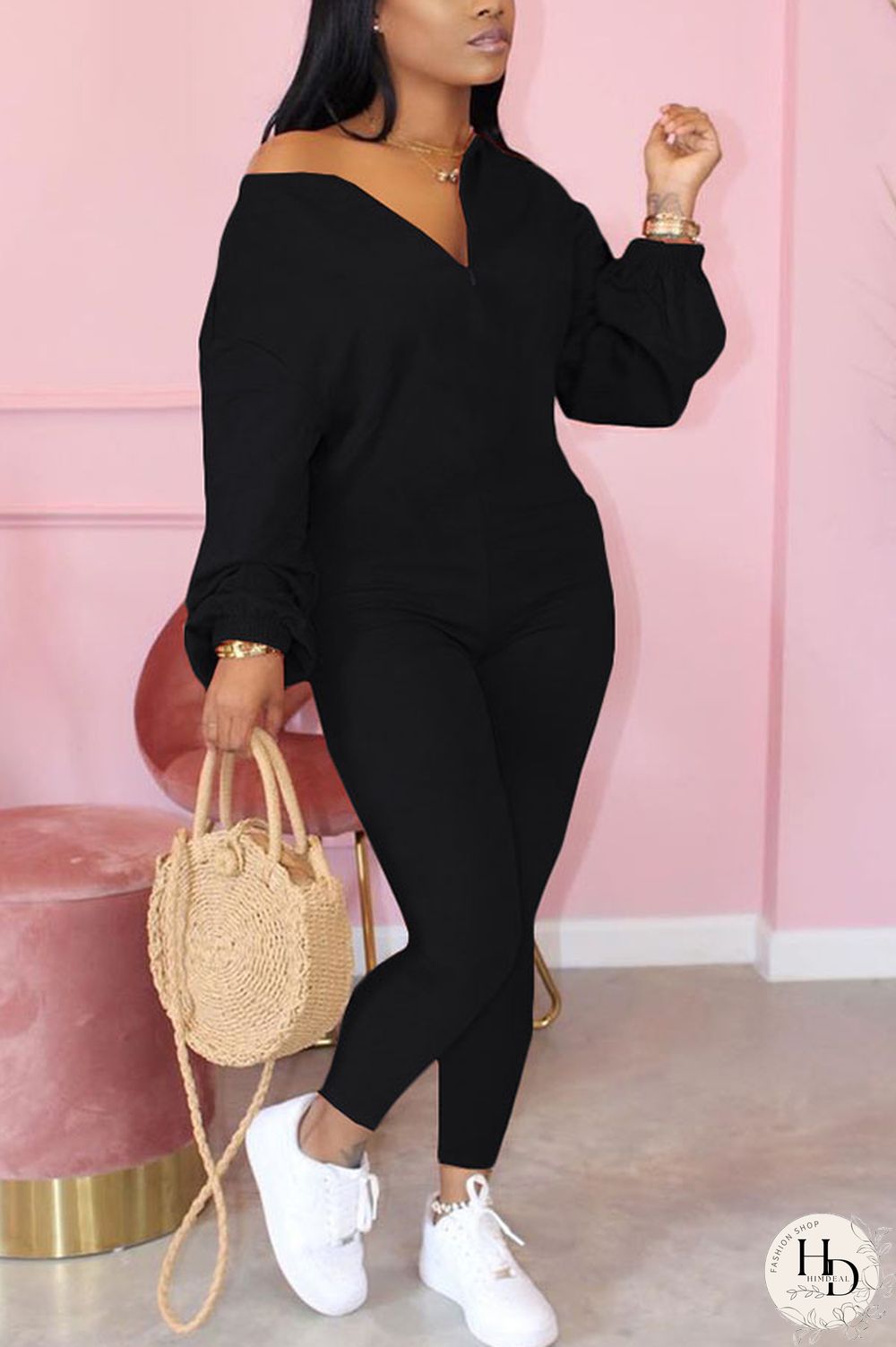 Black Fashion Casual Solid zipper Long Sleeve O Neck Jumpsuits