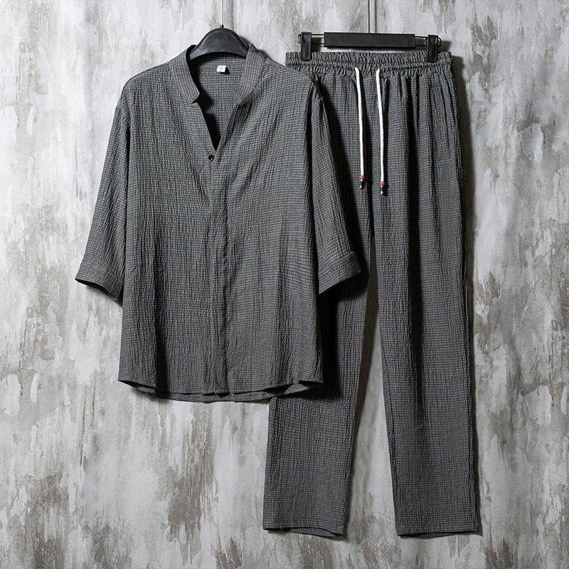 Comstylish Vintage Linen Solid V-Neck Half Sleeves Shirt And Pants Two-Piece Set