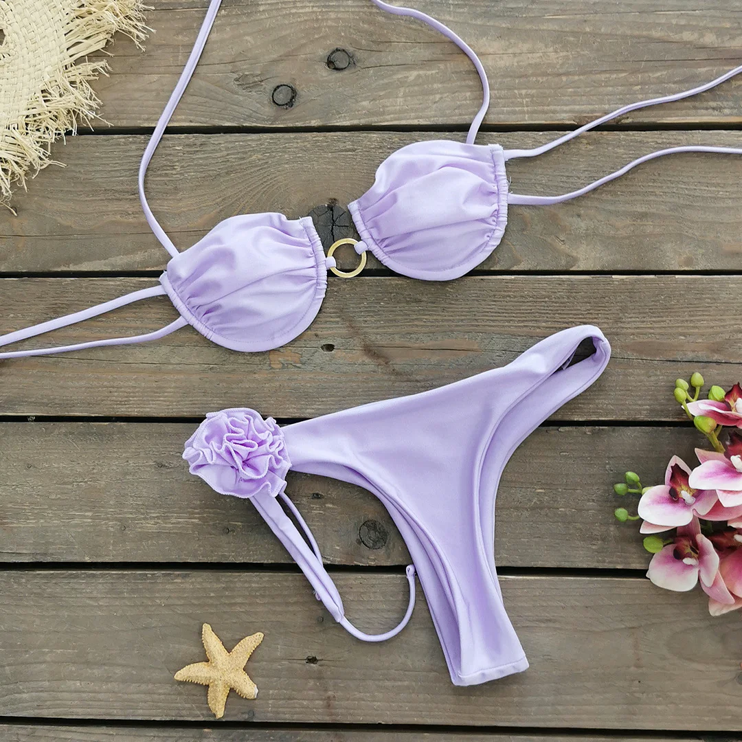 Churchf Multi-Color Solid-Colored Breast-Plate Three-Point Low-Rise Bikini Sexy 2025 New Split Swimsuit Woman