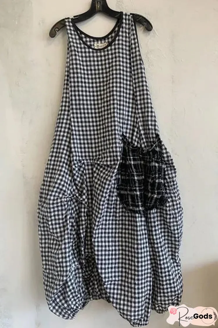 Plaid Print Color-Block Paneled Pockets Vintage Midi Dress