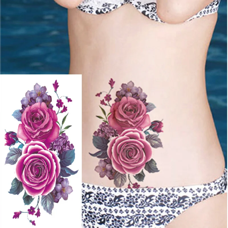 Sdrawing Transfer Pink Henna Rose Flower Temporary Tattoo Sticker Butterfly Pattern Body Art Waterproof Fake Woman's Flash Tattoo