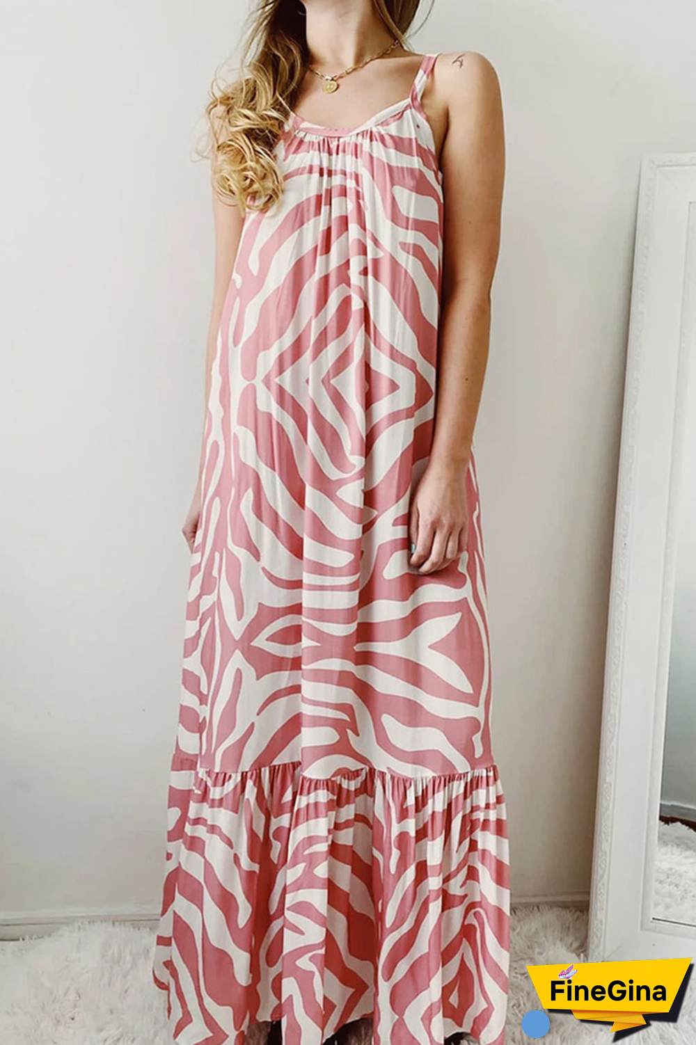 Casual Print Split Joint Spaghetti Strap Straight Dresses(3 Colors)