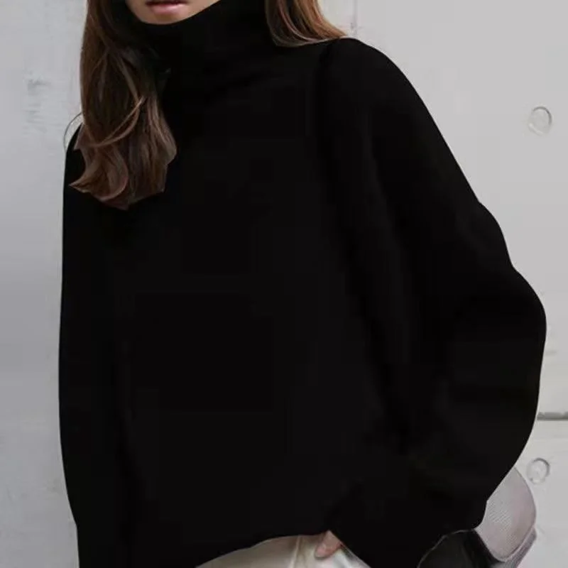 Jangj Winter High Collar Solid Loose Casual Sweater Ladies All-match Bottoming Pullover Top Women Simple Jumper Female Clothes