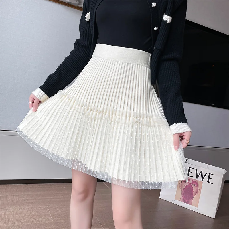 Churchf Churchf 2023 Knit Skirt Women's Short A-Word Pleated Skirt Mesh Stitching Knit Fluffy Skirt