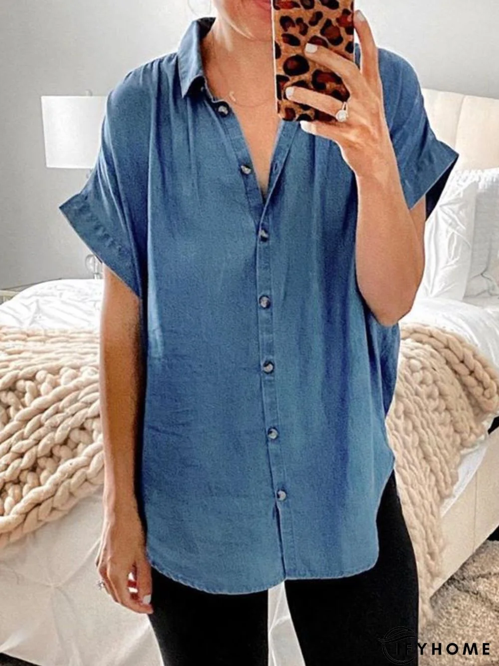 Blue Buttoned Short Sleeve V Neck Tops | IFYHOME