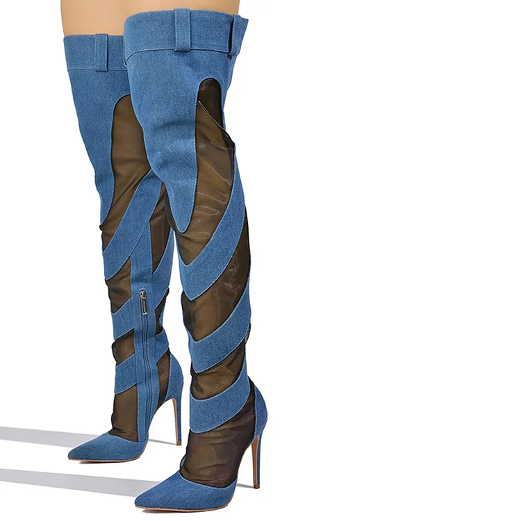 Blue Denim & Mesh Patchwork Pointed Toe Stilettos Thigh High Boots |FSJ Shoes