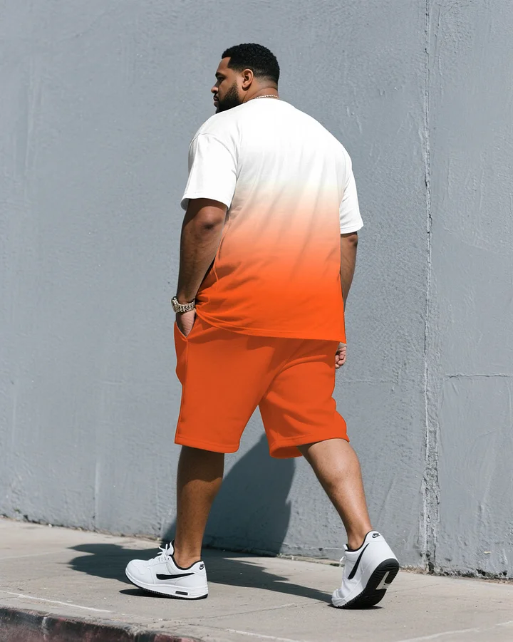 Men's Plus Size Street Fashion Orange Gradient Small Label Printed Round Neck Short Sleeve T-Shirt Shorts Suit