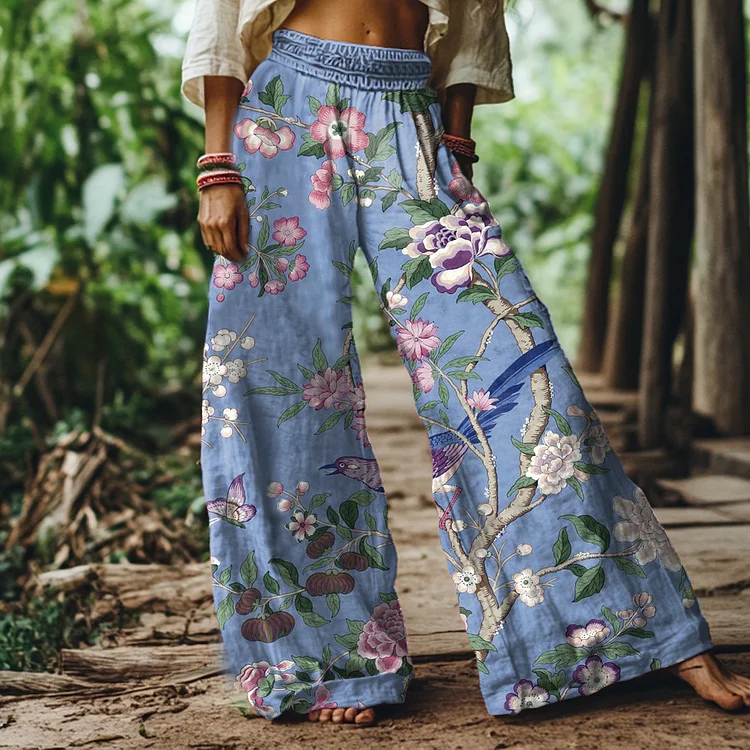 Vintage Floral and Bird Art Print Loose Pants