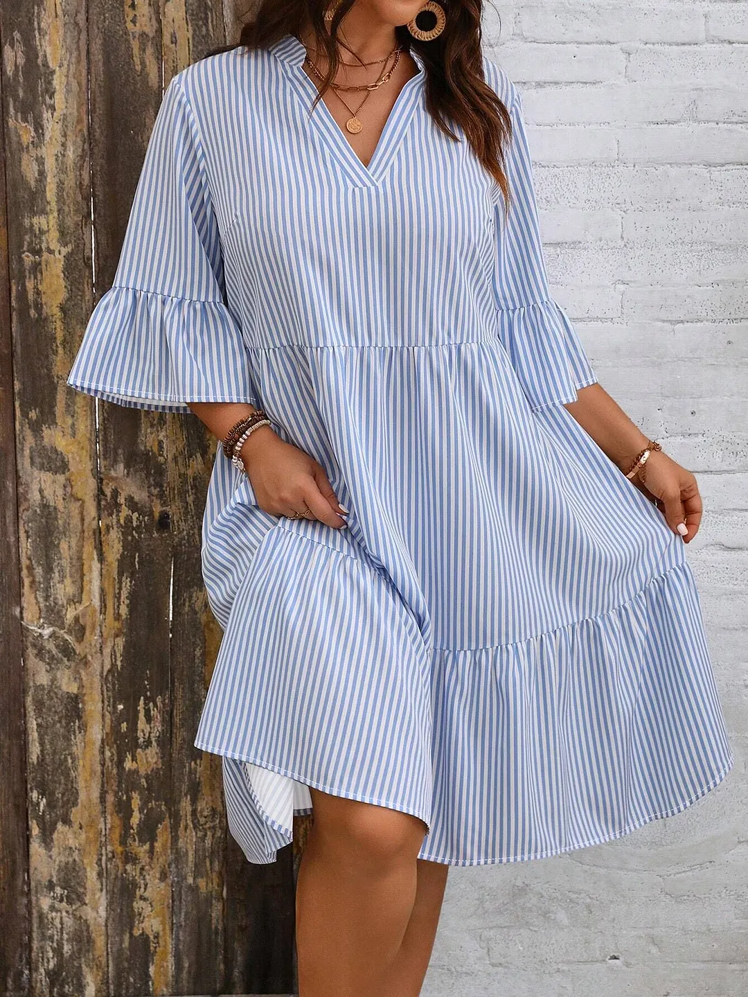 Uveng Uveng Large-Size Women's V-Neck Horn Sleeve Print Dress