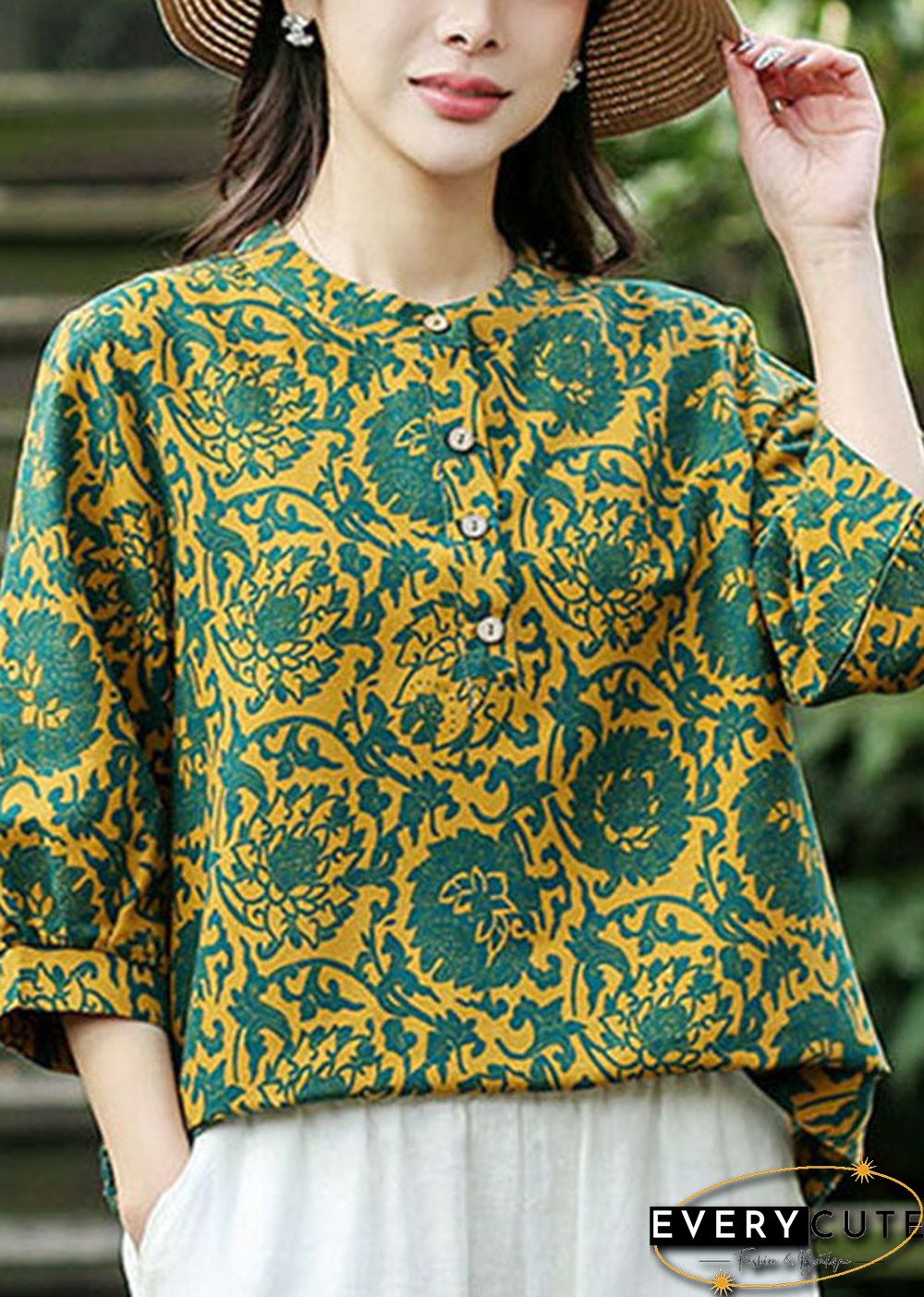 Handmade Yellow O-Neck Green Print Linen Shirt Top Bracelet Sleeve