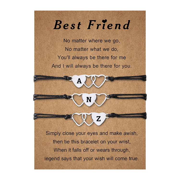 Personalized Heart Bracelet Set Engraved 3 Letters Stainless Steel Adjustable Bracelet Black Gift for Best Friend