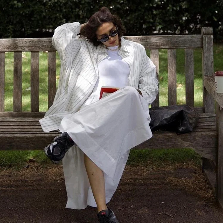 Churchf Churchf New Autumn Lapel Long Sleeve Striped Shirt Coat Fashion Loose Casual Shirt Women's Style