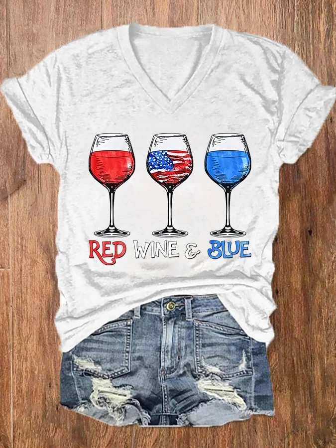 Women's Red Wine Blue 4th Of July Casual V-Neck Tee socialshop